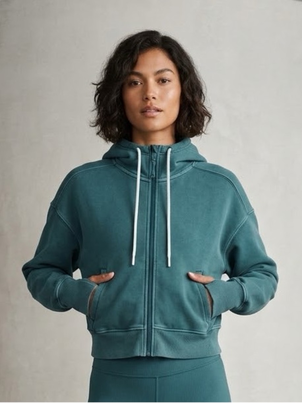 Women's Teal Zip-Up Hoodie with Drawstring - Casual Everyday Sweatshirt L